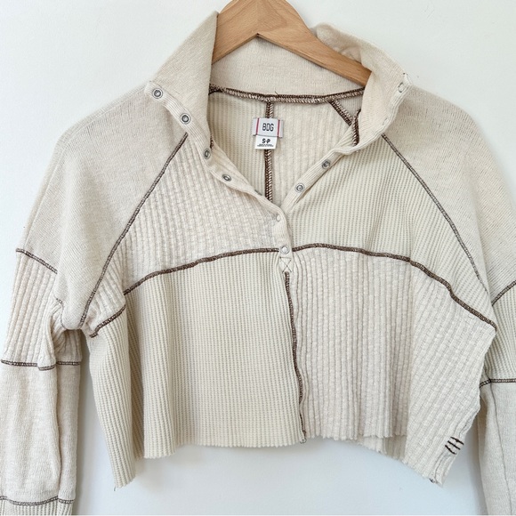 Urban Outfitters BDG Tabby Thermal Henley Cropped Top Cream - Picture 2 of 6